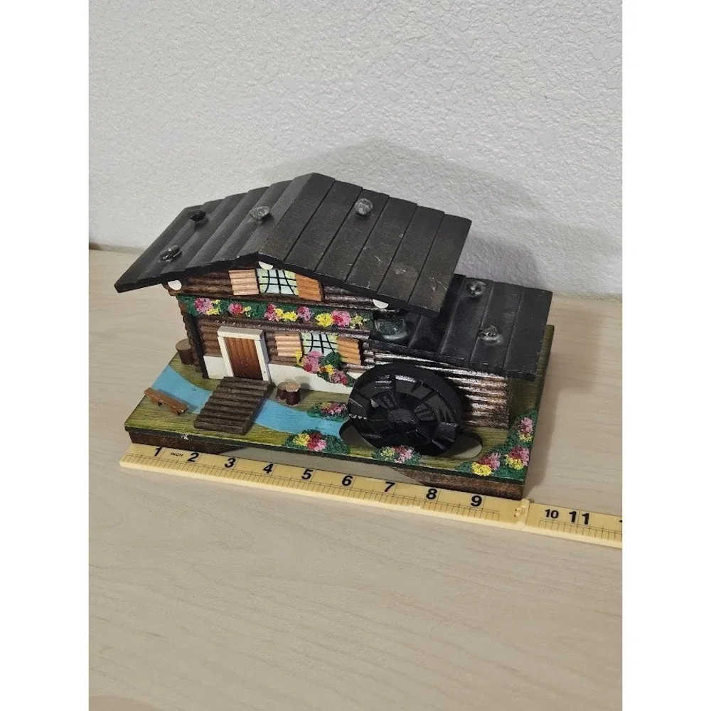 Vintage Japan Wood Chalet Music Box Water Wheel Alpine Cabin Jewelry Box Mirror